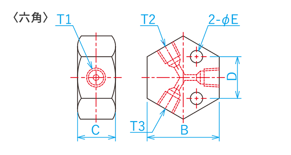 三方口コネクタ（六角）の寸法図