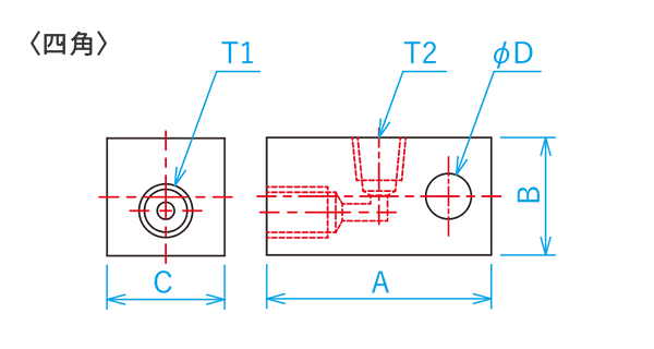 二方口コネクタ（四角）の寸法図